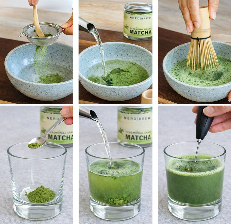 Trzyetapowe przygotowanie matchy: wsypanie łyżeczki proszku do miseczki lub szklanki, zalanie ciepłą wodą lub mlekiem oraz krótkie mieszanie do uzyskania gładkiego napoju.